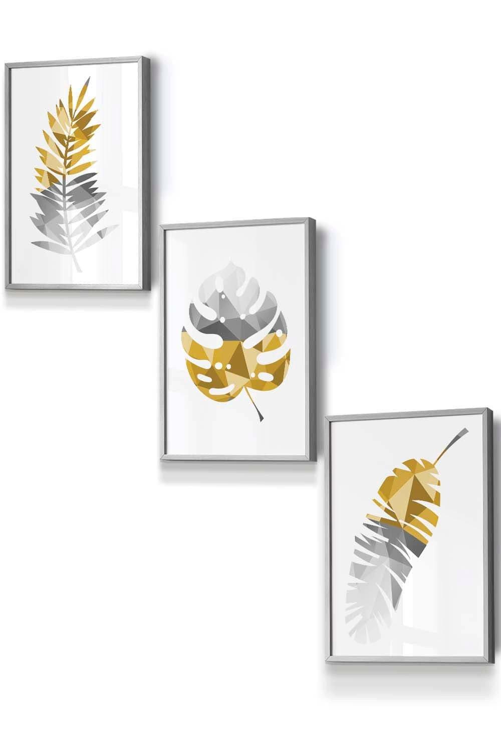 Geometric Tropical Leaves In Yellow Grey Framed Wall Art - Small